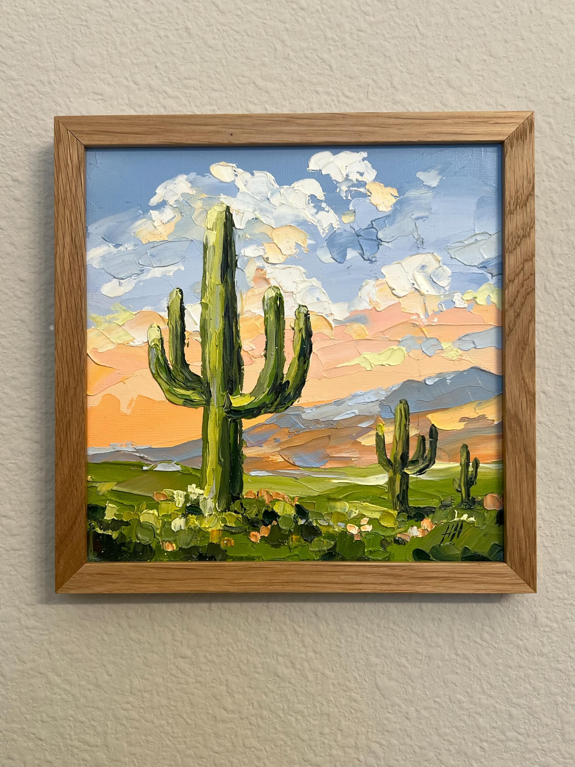 Buyer photo of Original Oil Painting Saguaro Cactus Desert Sunset, Impasto Palette Knife Tex...