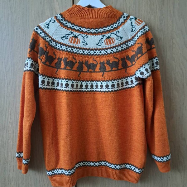 Pumpkins Cats Handmade Sweater Jumper. Acrylic Vegan Wool, Fall