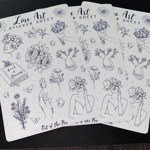 Sticker Sheet Lineart Black and White, Journal Stickers Floral ...