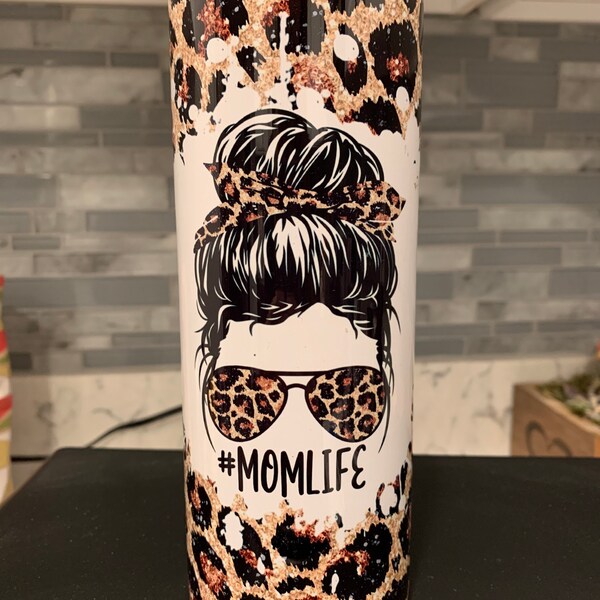 20 OZ Glitter Leopard Mom Life Messy Bun Skinny Tumbler Design ...