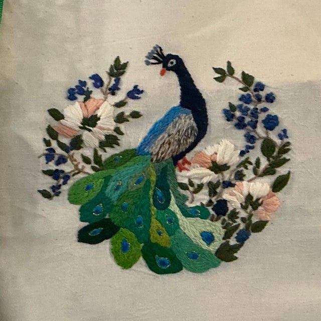孔雀の手刺繍デザイン、動物刺繍PDFパターン、鳥のステッチ