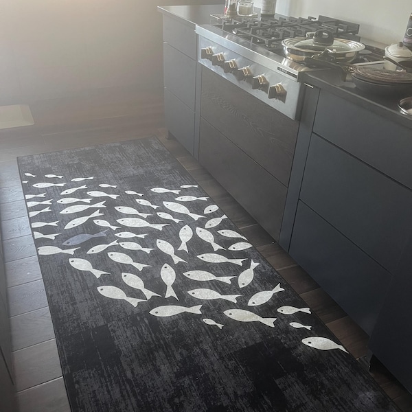 Fish Pattern Hallway Runner Rug, Ocean-themed Carpet, Coastal ...