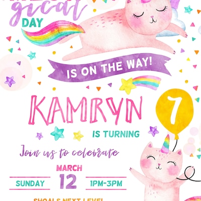 INSTANT DOWNLOAD, Caticorn Birthday Party Invitation, Cat Unicorn ...
