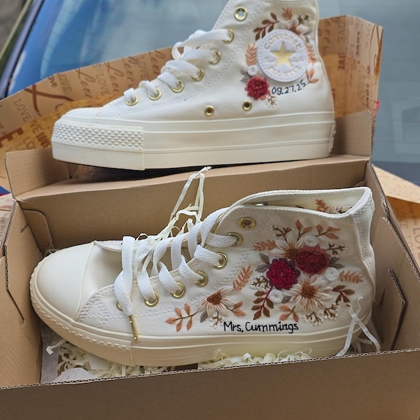 Wedding Converse for Bride, Fall Rustic Flower Embroidered Converse ...