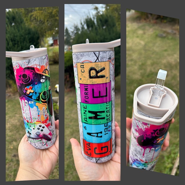Gamer 20 Oz Skinny Tumbler Sublimation Design Neon Video Game ...