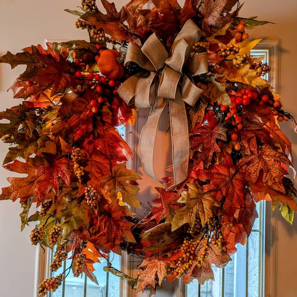 Fall Maple Leaves Wreath With Pumpkins, Front Door Wreath for Autumn ...