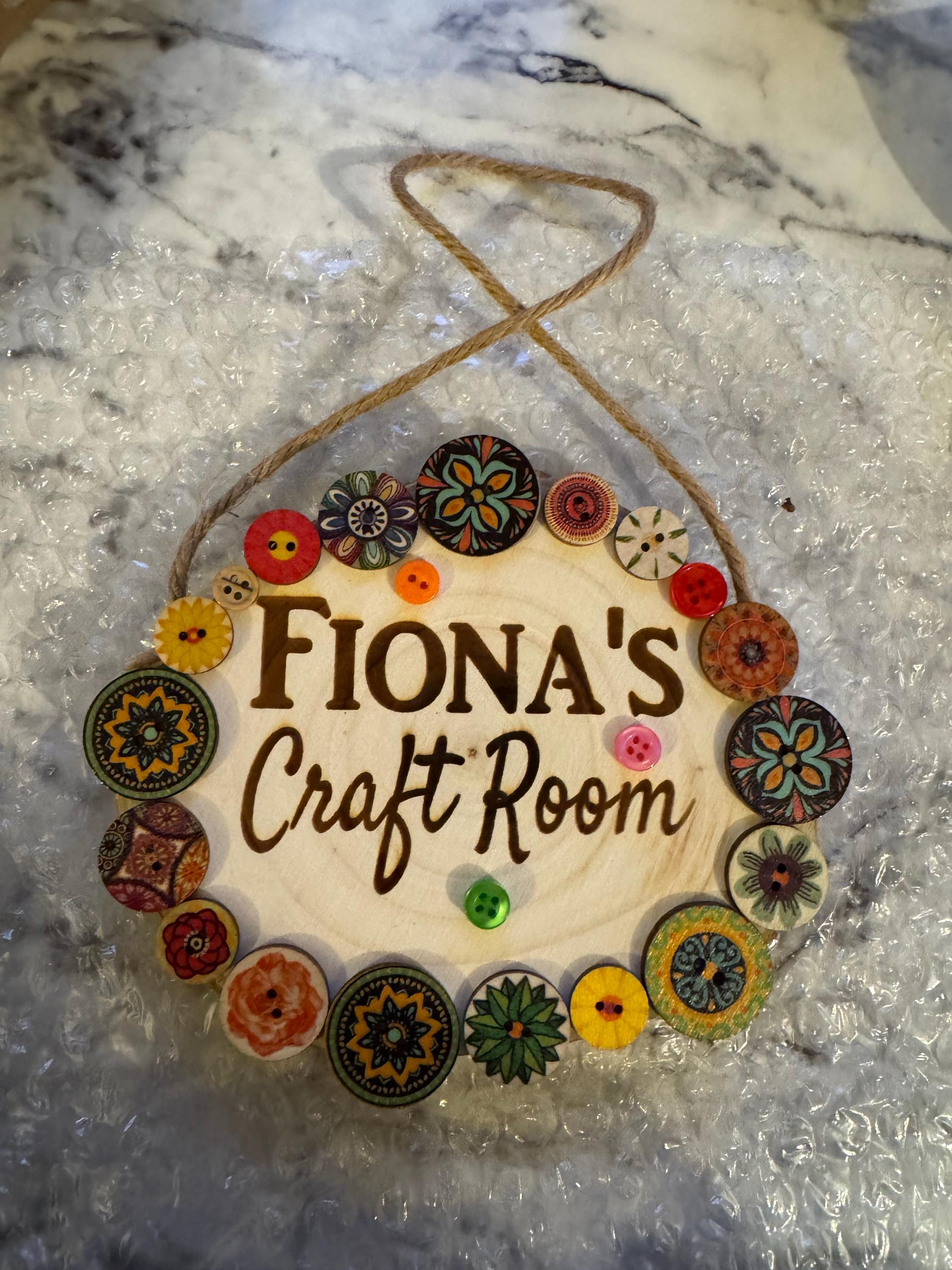Personalised Room Name Logs Engraved Craft Room Plaque with Buttons Wooden Log Sign Hung with Twine Customised to your Words!