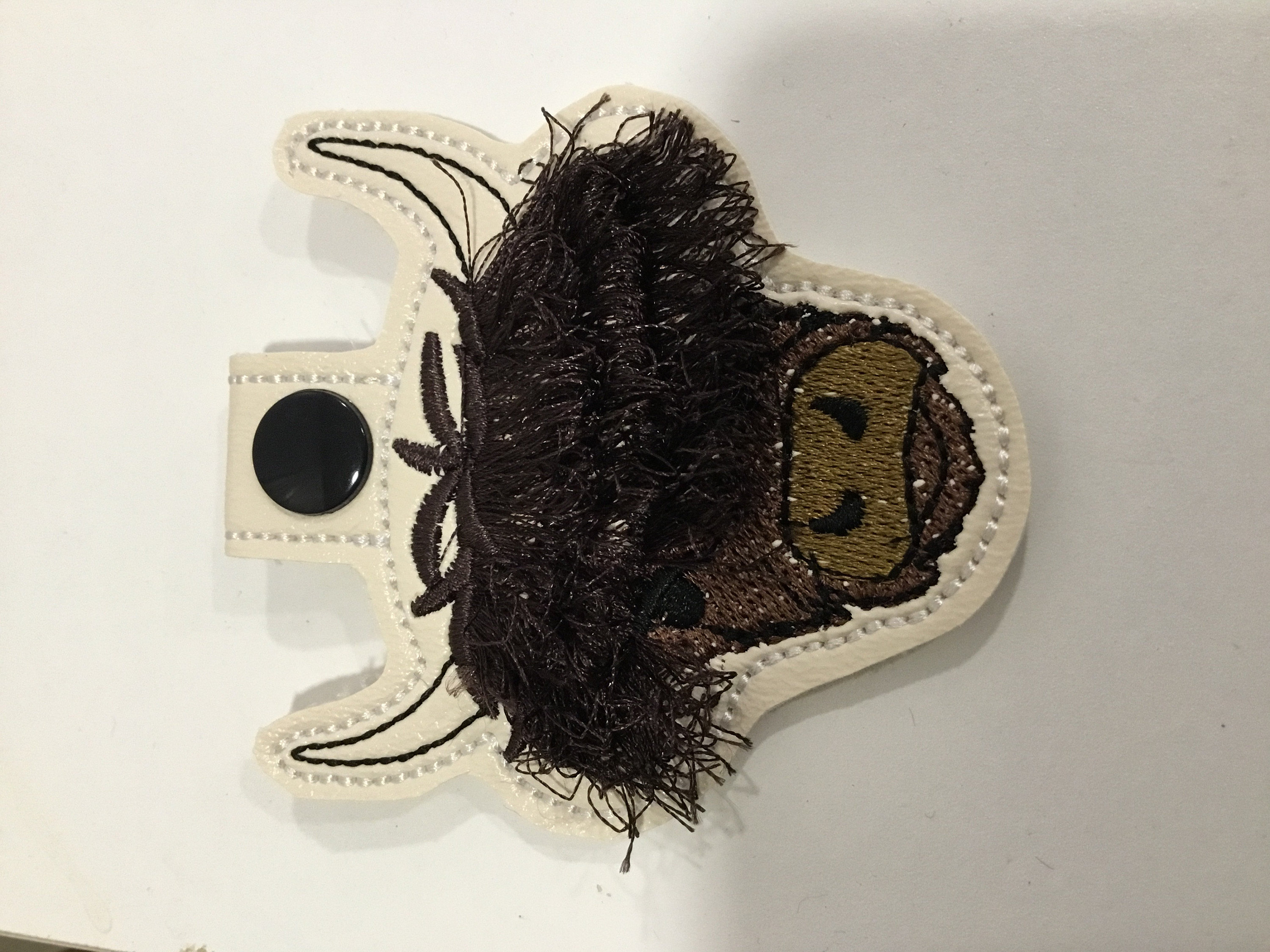 Fringed Highland cow keychain key fob snap tab in the hoop machine embroidery designs ITH project Awesome fluffy fur cow kids backpack tag