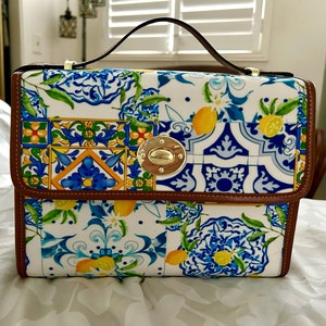 Sicily,Italy inspired,majolica,lemon art,Waterproof Canvas Bag-Brown
