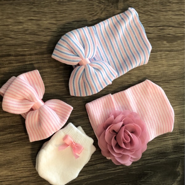 Baby Pink Bow Wool Headband & Booties Set