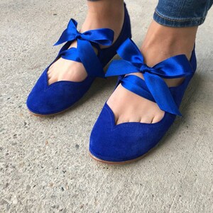 blue ballet flats with ribbon