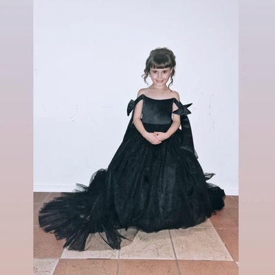 Kids Black Velvet & Satin Ball Gown Flower Girl Dress