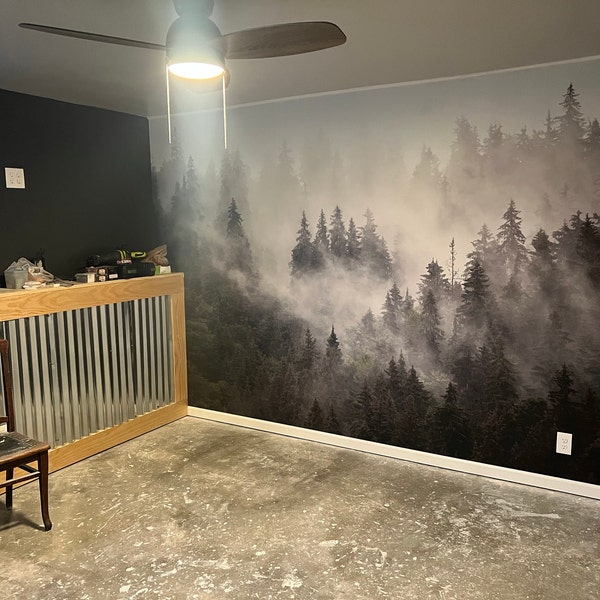 Misty Pine Tree Forest Landscape Peel and Stick Wallpaper Self Adhesive ...