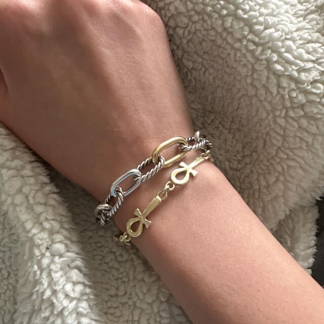 Gold Ankh Link Bracelet, 14k Vermeil Sterling Silver, Egyptian