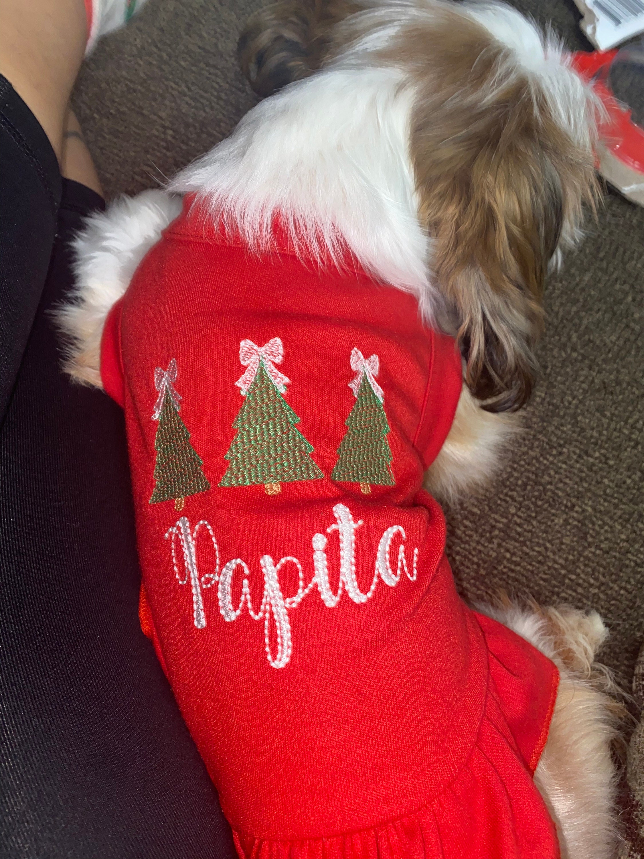 Christmas Dog Shirt or Dress, Christmas Bow Tree Sketch Trio Monogrammed Shirt, Beautiful Personalized Embroidered Holiday Puppy Clothing