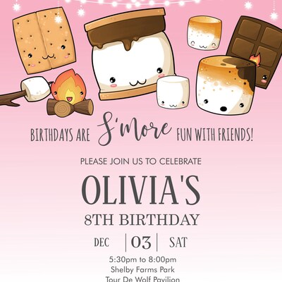 S'mores Invitation, EDITABLE TEMPLATE, Cute Kawaii Smore Birthday Party ...