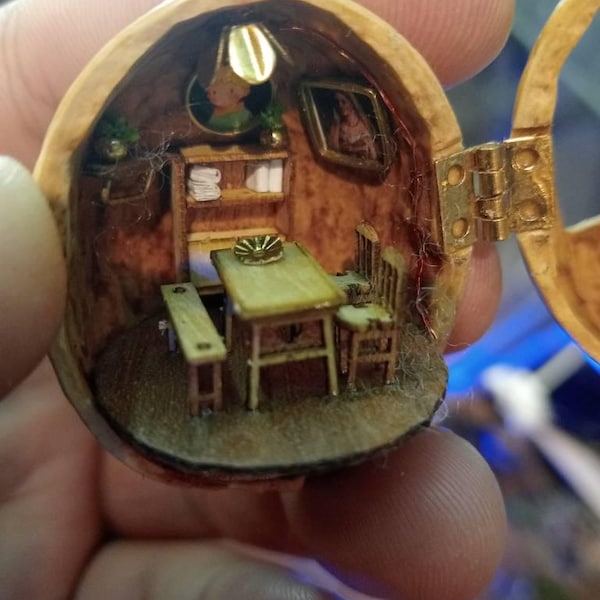 Miniature Walnut Shell Dollhouse: Handmade Furniture, Magnetic Light ...