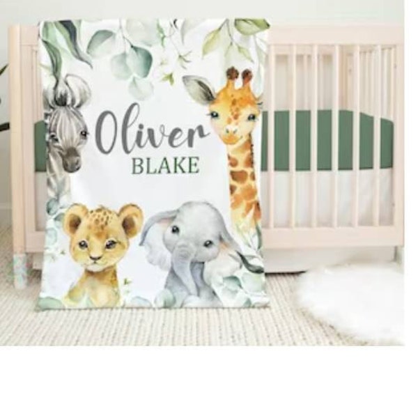Safari Animals Baby Blanket, Jungle Greenery Personalized Boy Girl Name ...