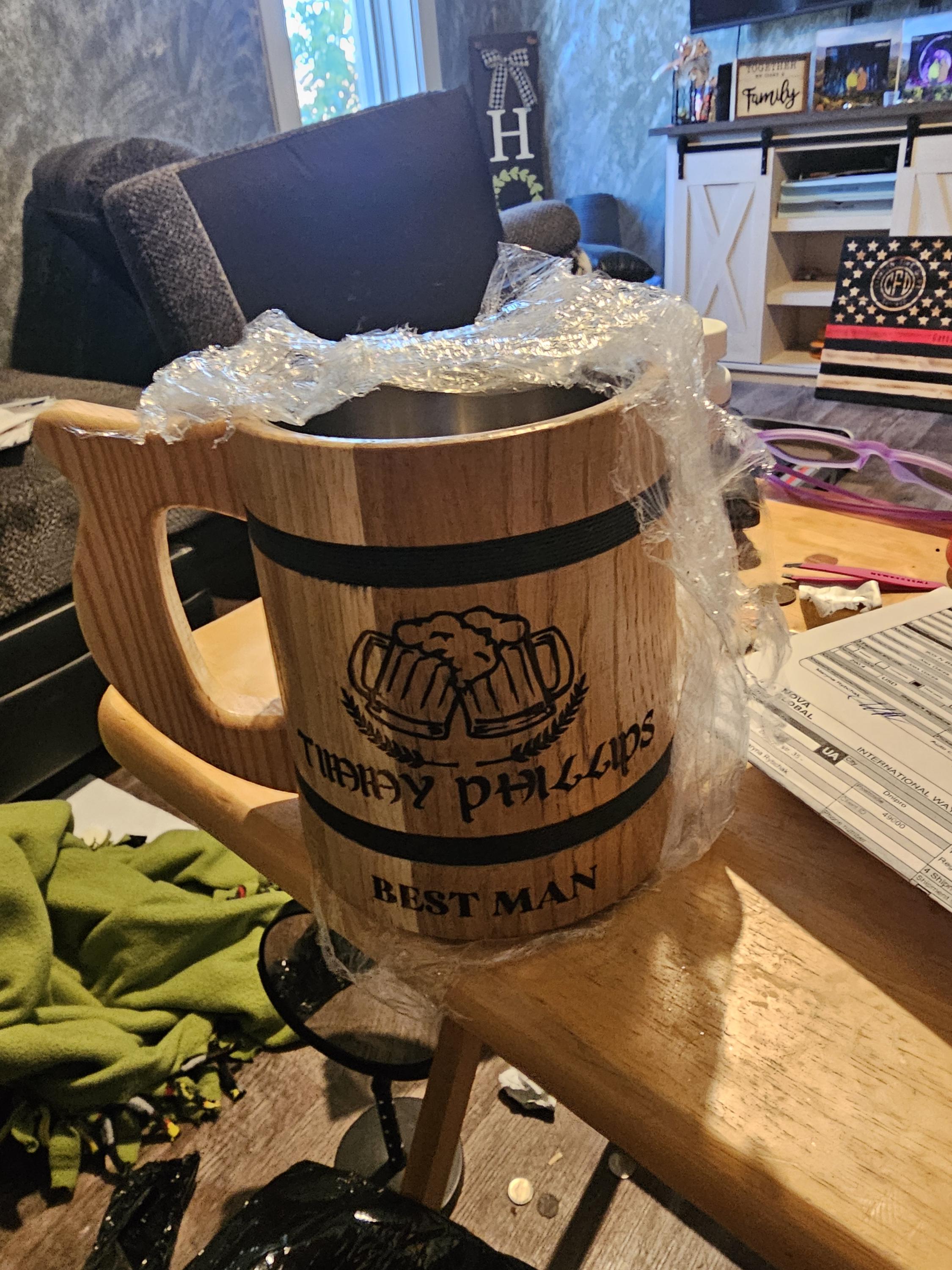 Personalized Groomsmen Beer Mug Custom Wooden Stein, Customizable Best Man Gift from Groom Engraved Wood Tankard, Wedding Gift for Father