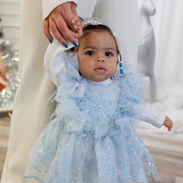 Winter Wonderland Dress, Snowflake Dress,first Birthday Dress, Blue Dress, Snow Dress, Feather