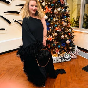 aurora asymmetric draped black feather dress ASHLEYlauren One Shoulder Feather Prom Dress 11969 Mustard / 4