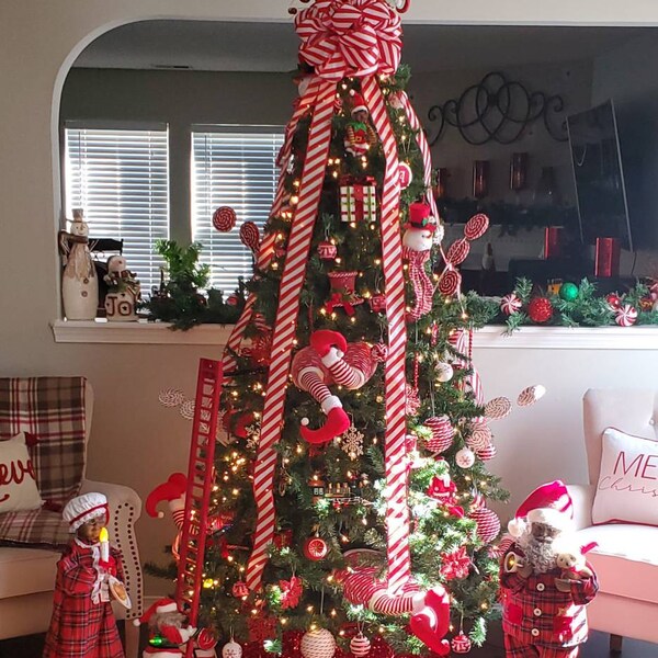 Large Candy Cane Stripe Red and White Christmas Tree Topper Bow - Etsy ...