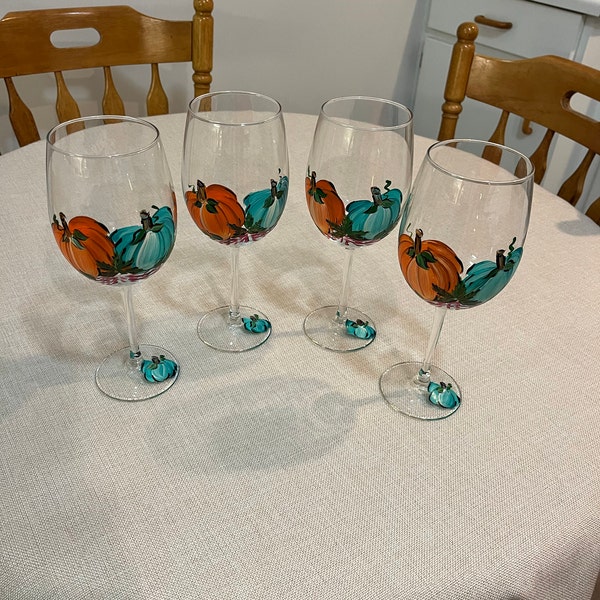 Hand Painted Autumn Orange and Teal Pumpkin Goblets. Set of 4 White ...