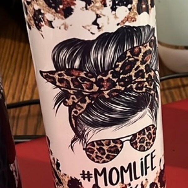 20 OZ Glitter Leopard Mom Life Messy Bun Sublimation Skinny Tumbler ...