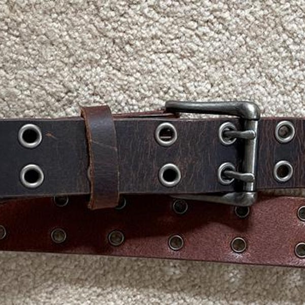 thumbnail image 2 of Full Grain Buffalo Leather Belt – Double Prong Two Hole – Distressed Brown – 1.5″ Wide – Made In USA 2 of 4