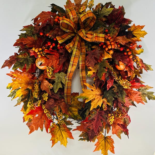 Fall Maple Leaves Wreath With Pumpkins, Front Door Wreath for Autumn ...