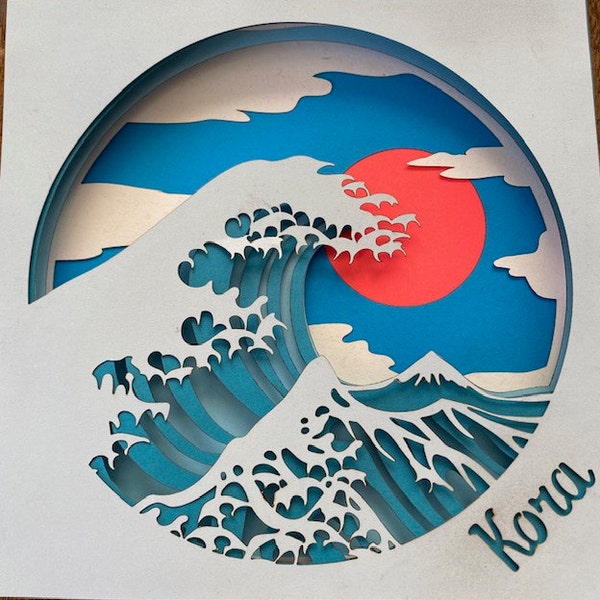 3D Sea Wave Layered Paper Cut, Ocean Wave SVG, Japanese Wave Paper Cut ...