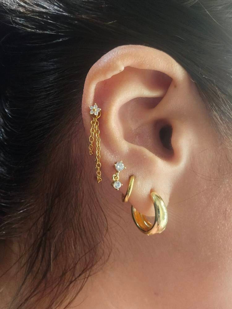 16g Dainty Flower helix double chain ear stud, Flat back chain hoop cartilage piercing earring 316l surgical steel, Labret bar(optional) 1pc
