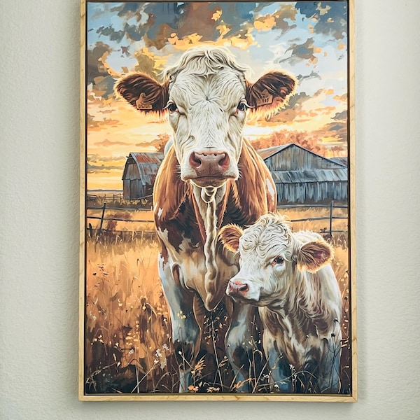 Rustic Farm Life Scene Framed Canvas Wall Art Cow and Calf Grazing in a ...