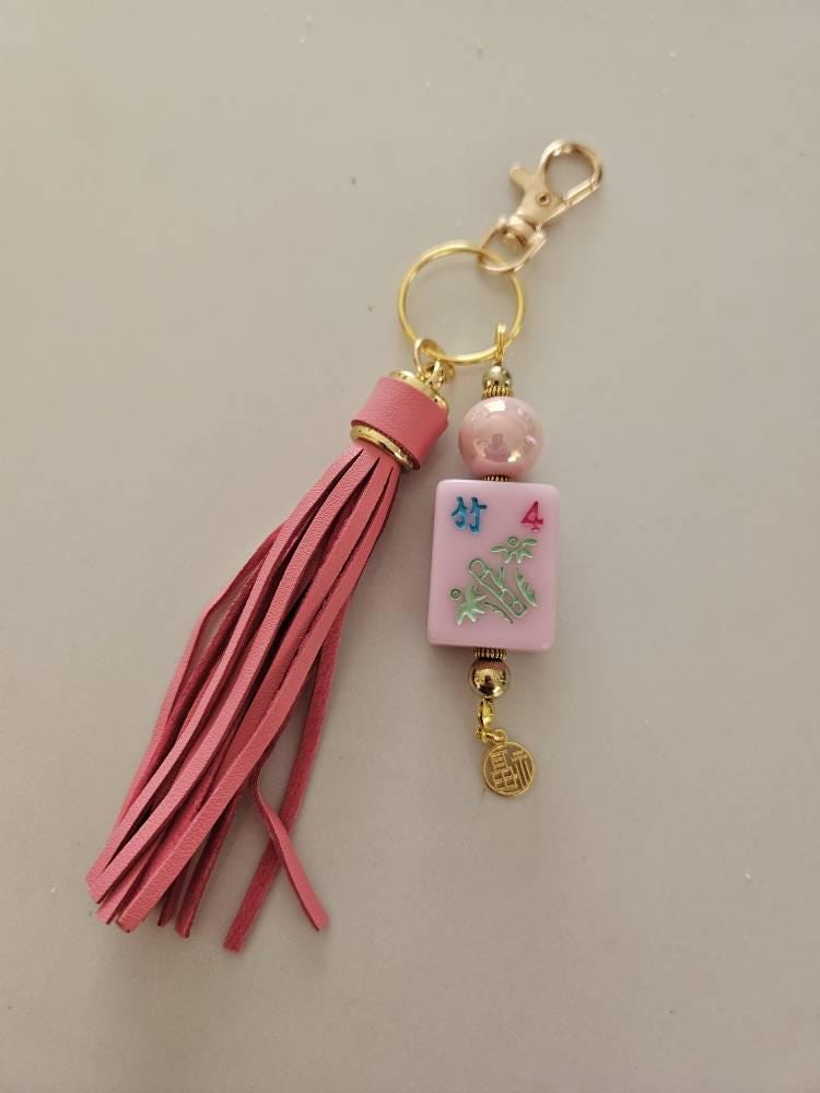 Handmade Mahjong Tile Bag Charm With Tassel, Mixed Beads Keychain Accessory, Cute Gift For Mahjong Lovers