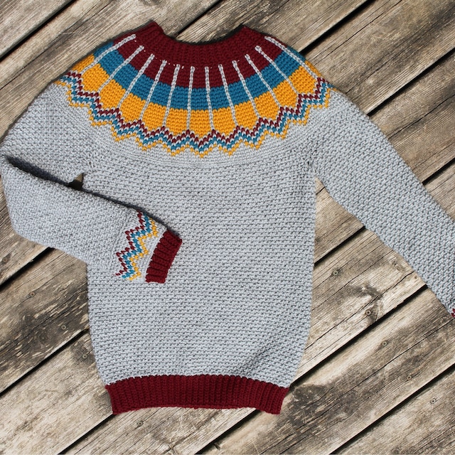 A customer's finished Traveler Fair Isle Sweater Crochet Pattern + Video