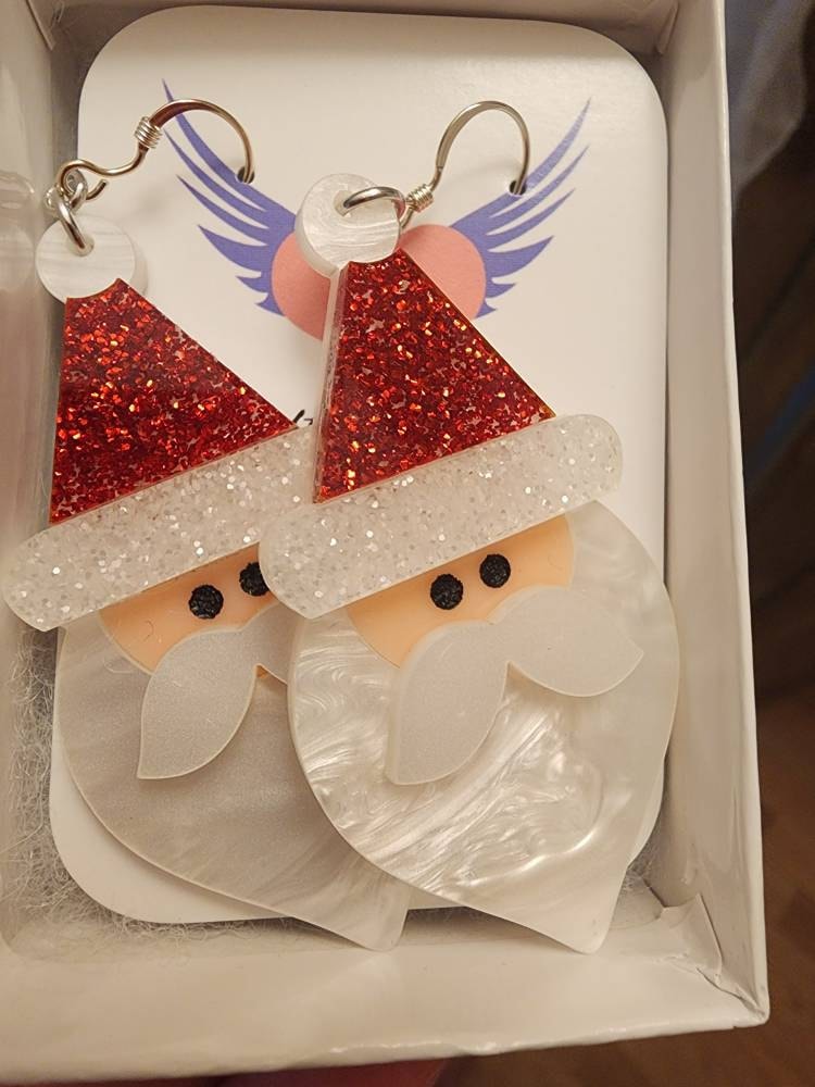 Christmas Santa Clause Acrylic Earrings, Holiday Festive Statement Earrings Pierced or Clip-on