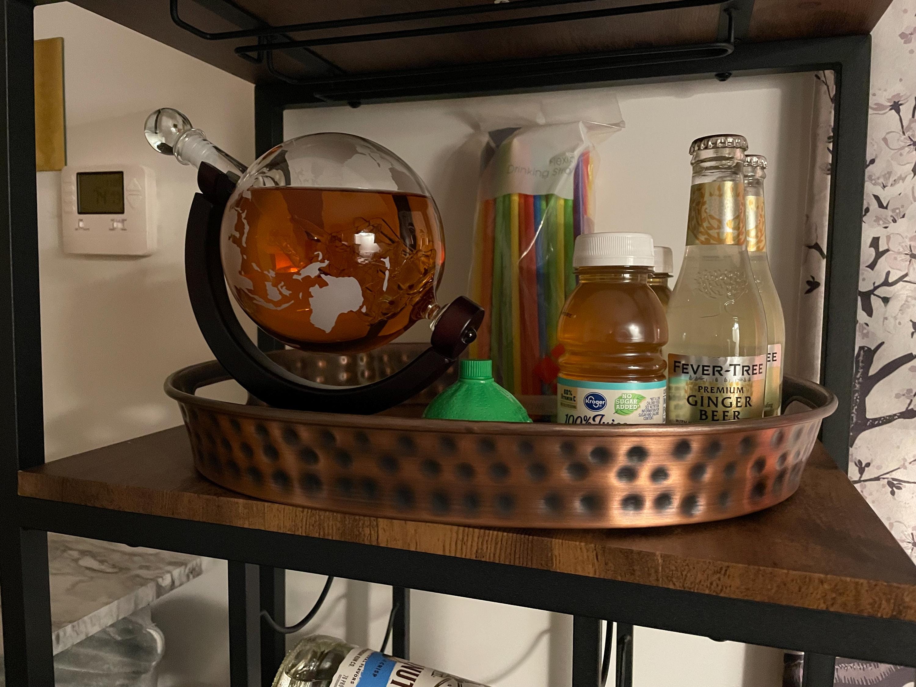 Globe Decanter Set with Two Engraved Square Glasses, Anniversary Gift for Him