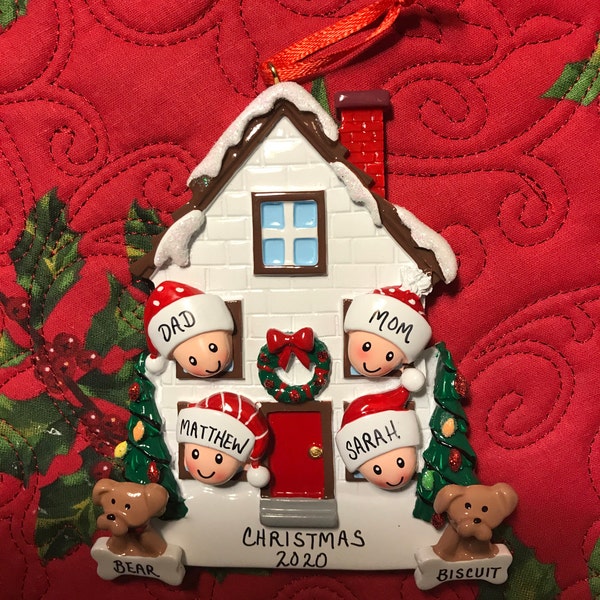 Personalized Family of 4 Home Ornament With 2 Dogs or Cats Added -4 ...