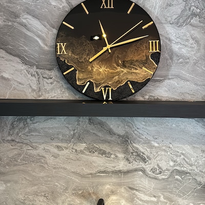 Anniversary Gift for Him Modern Black and Gold Unique Wall Clock by Epoxy Resin Art Resin Wall ...