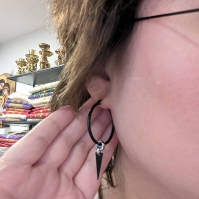 Boucles D'oreilles Créoles Lune Hexagone Avec Onyx, Argent 925 - Neuves, Qualité Européenne
