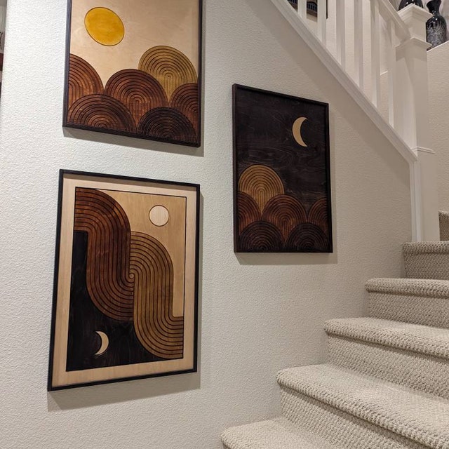TEXTURED Day and Night 2 Piece Wood Wall Art Set FRAMED, Mid