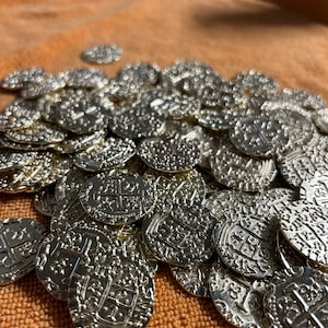 Metal Pirate Coins 35 Large Silver Treasure Coin Set, Spanish