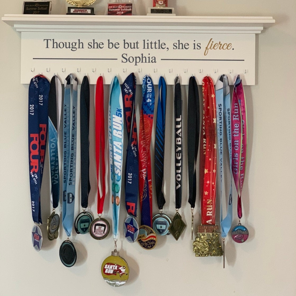 Medal Holder Champions Engraved Trophy Shelf Ribbon Holder Medal Hanger Award Display Personalized gift Trophy Rack Sports Award Display 30"