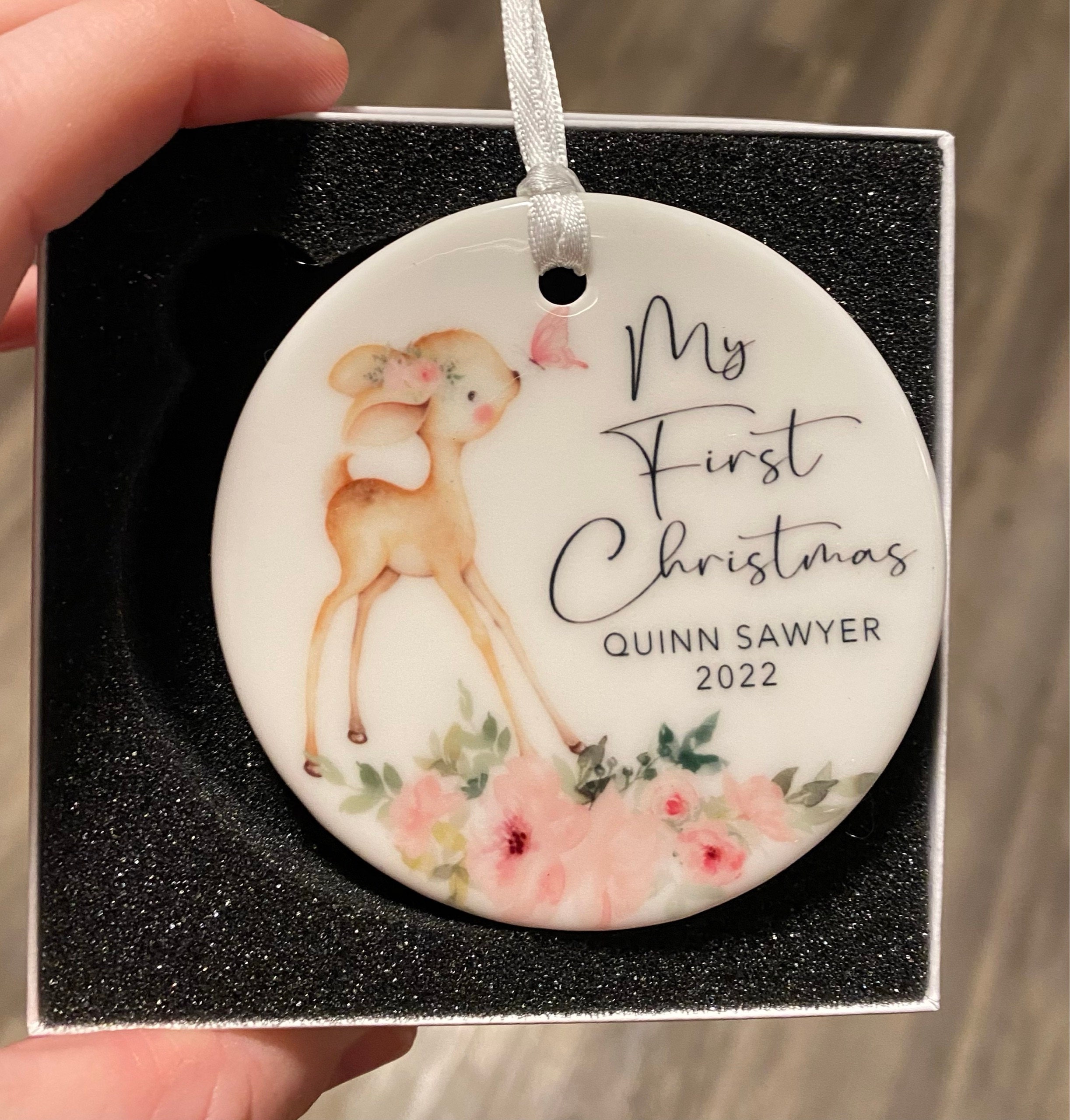 Baby&#39;s First Christmas Ornament - Personalized Baby Girl Deer Christmas Ornament