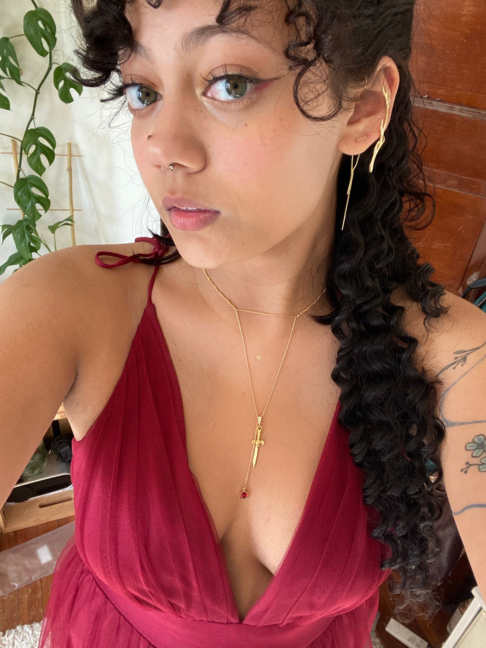 Sword and Blood Drop Necklace / Gold or Silver, Black Deep Red Teardrop Necklace