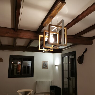 Lustre Suspension En Bois Flotté Noir - Fait Main En France - Lumière Directe/indirecte