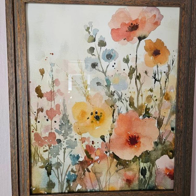 野花の絵画 春の花 水彩画 アートプリント 花畑 壁アート 風景画 草原