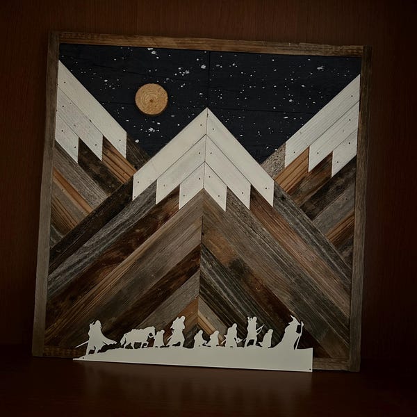 Rustic Mountain Wood Wall Art With Night Sky, Moon and Stars. Hand ...