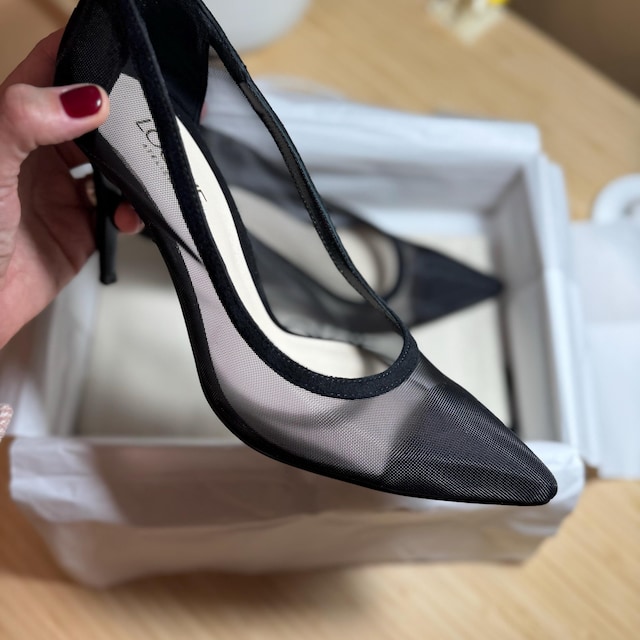 Plage 【BRENTELLA】MESH POINTED ミュール Black Mesh Pumps With Black Suede Pointy Heels, Fishnet High