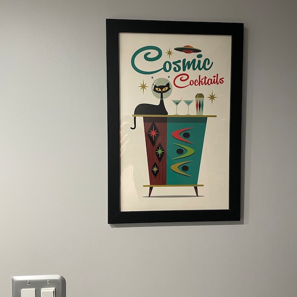 Mid Century Modern Atomic Cocktail Bar Wall Art, Black Cat Art Print ...